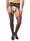 Unisex black fishnet and lace crystal pantyhose