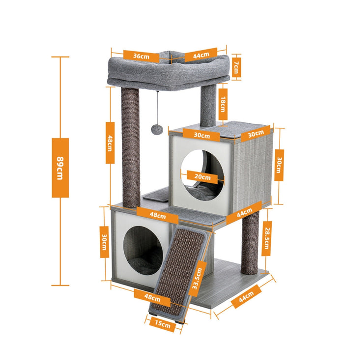 130CM Large Cat Tree Wooden Tower Indoor with Double Condos Spacious Perch Soft Hammock