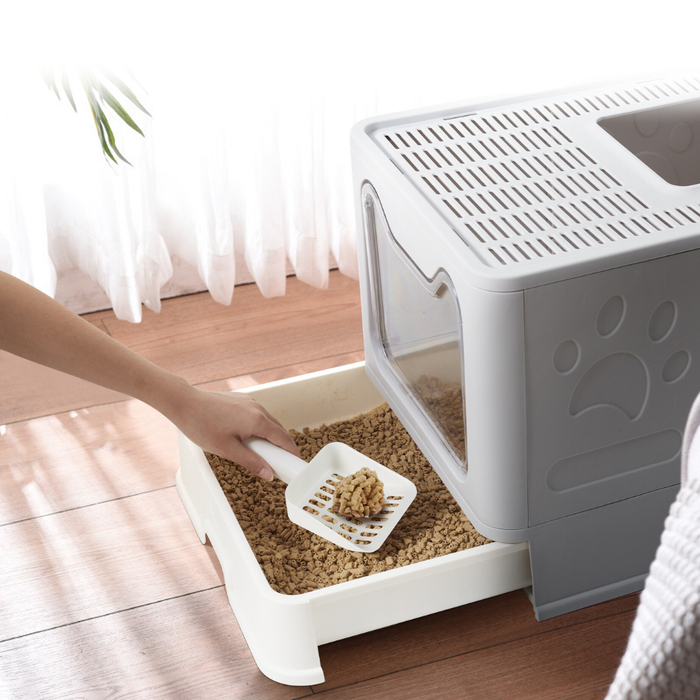 Large Space Foldable Cat Litter Box with Front Entry & Top Exit with Tray