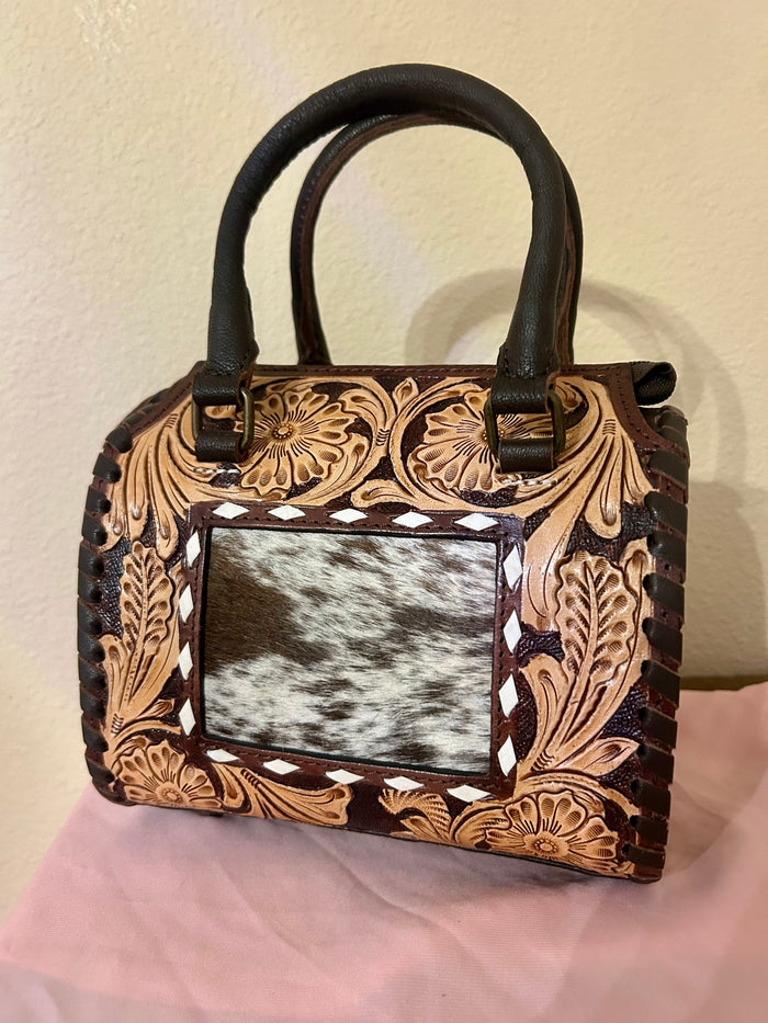 Leather Speedy Purse with Cowhide and Tooled Details