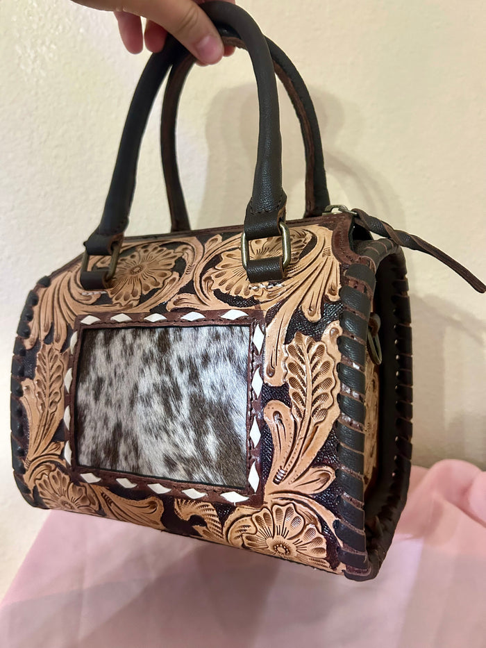 Leather Speedy Purse with Cowhide and Tooled Details