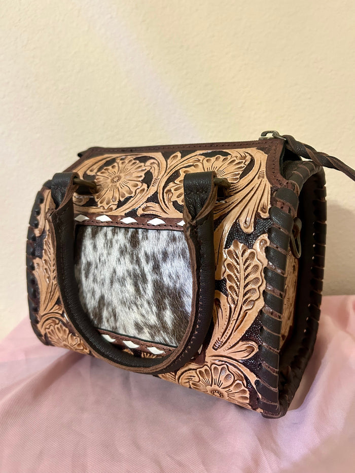 Leather Speedy Purse with Cowhide and Tooled Details