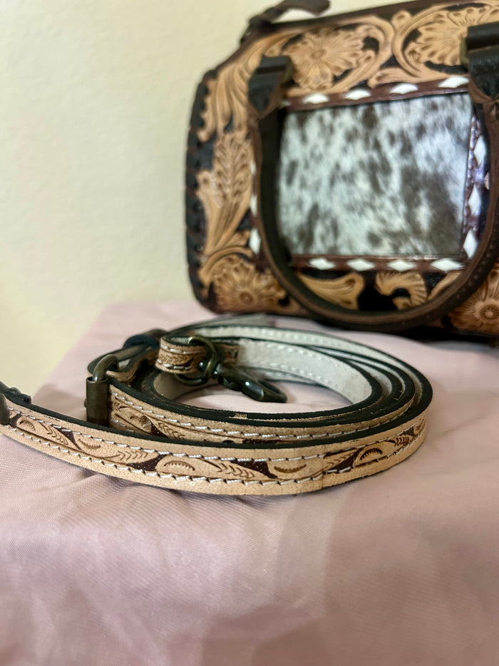Leather Speedy Purse with Cowhide and Tooled Details