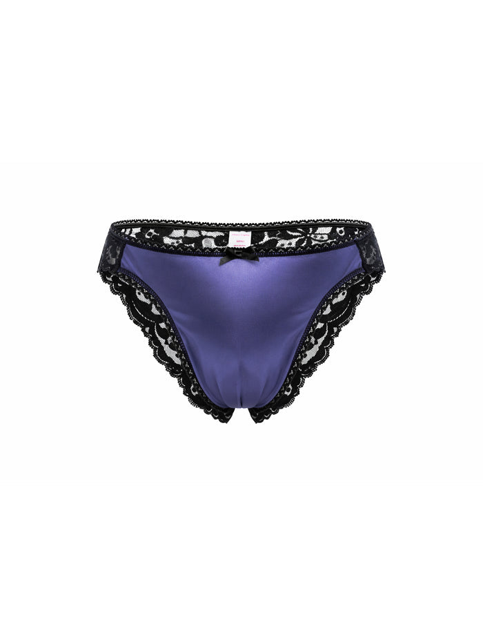 Front view of a navy blue satin men's panty with black lace, on a white background