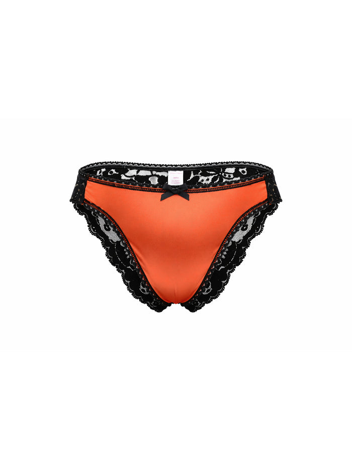 Front view of an orange satin men's panty with black lace, on a white background.