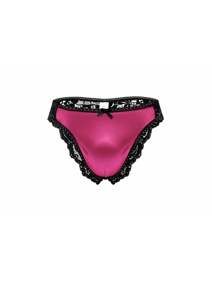 Front view of a pink satin men's panty with black lace, on a white background.