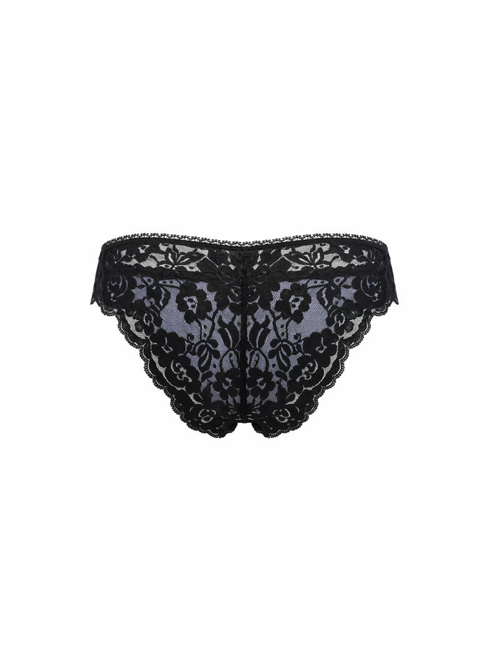 Rear view of a light blue satin men's panty with black lace, on a white background.