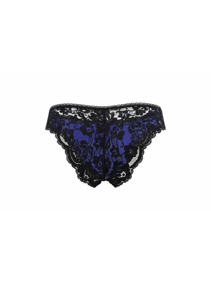 Rear view of a navy blue satin men's panty with black lace, on a white background