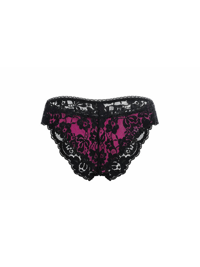 Rear view of a pink satin men's panty with black lace, on a white background.
