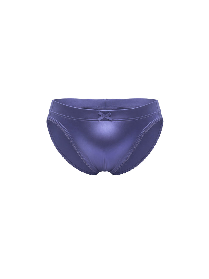 Front view of a navy blue satin panty on a white background.