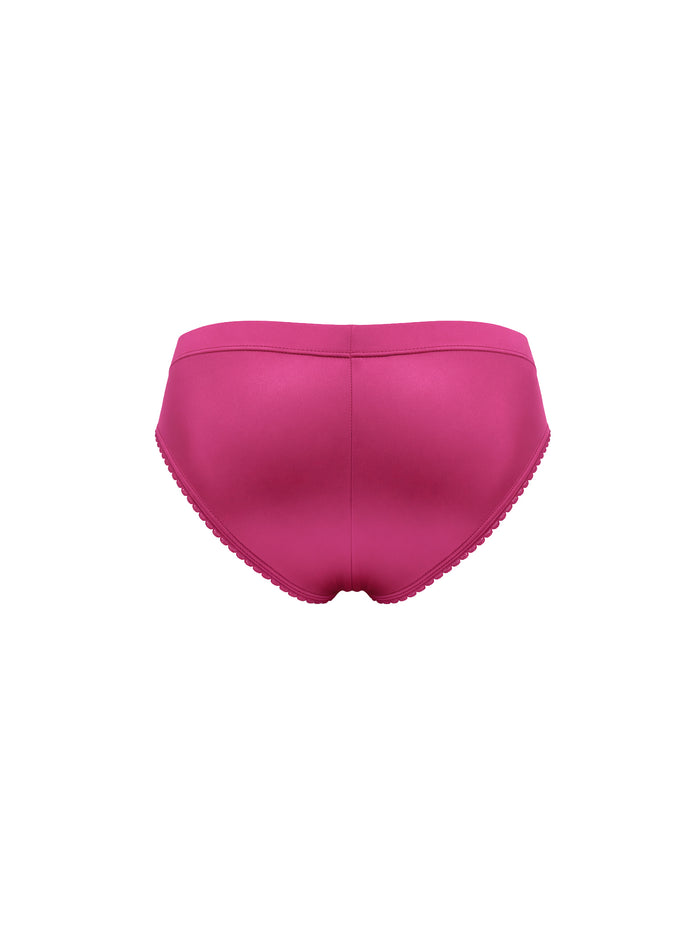 Rear view of a pink satin panty on a white background.