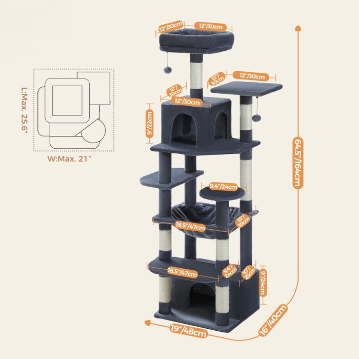 Luxury Cat Tree with Condo Hammock Tall Cat Tower for Indoor Cat Scratcher