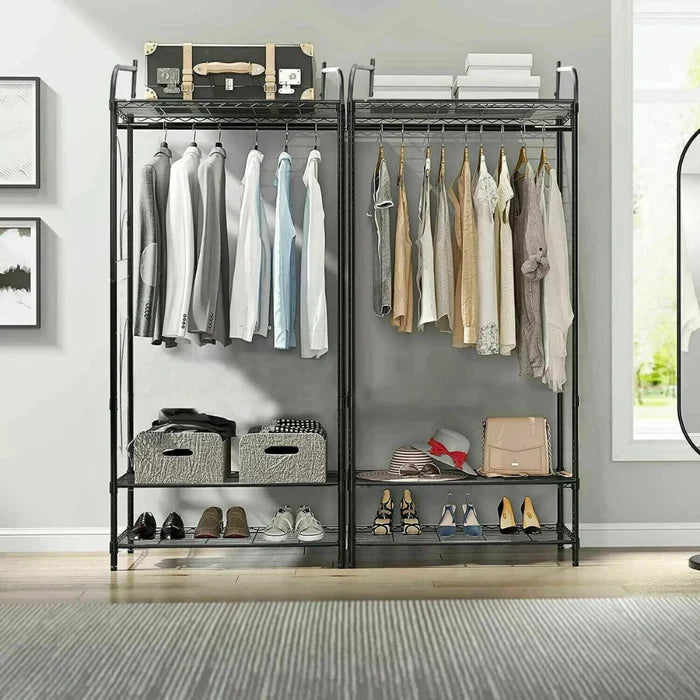 Black Metal Heavy Duty Clothes Rail Clothes Rack with 2 Shelf Storage Shelves
