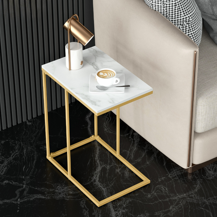 Modern C-Shaped Sofa Side Table with White Sintered Stone Table-top and Metal Iron Legs