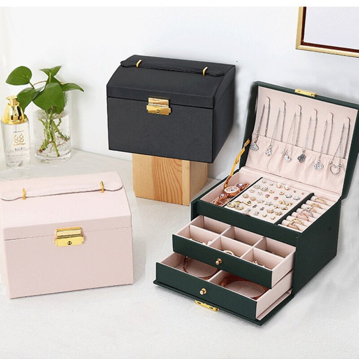 Multi Functional Three Layer Leather Drawer Style Jewelry Box Earrings Earrings Lock Jewelry Box