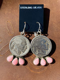 Native American, Hand-Made, Buffalo Nickel, Pink Conch & Sterling Silver Earrings
