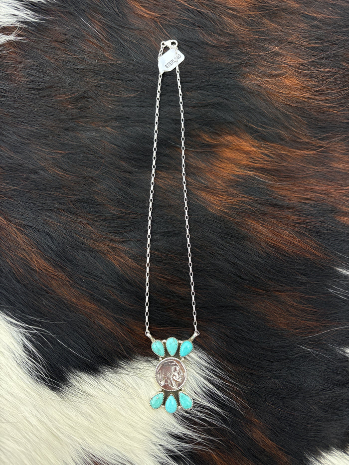 Native American, Hand-Made, Buffalo Nickel, Turquoise & Sterling Silver Necklace