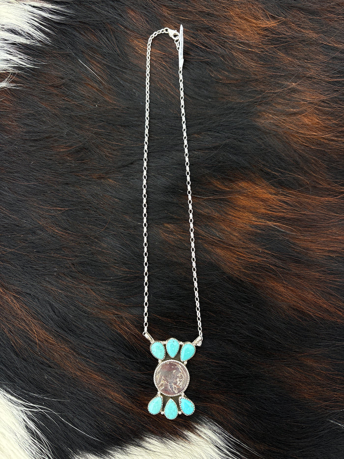 Native American, Hand-Made, Buffalo Nickel, Turquoise & Sterling Silver Necklace