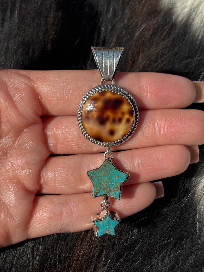 Native American, Hand-Made, Cowrie, Turquoise & Sterling Silver Necklace