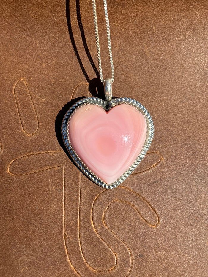 Native American, Hand-Made, Pink Conch & Sterling Silver Heart Necklace