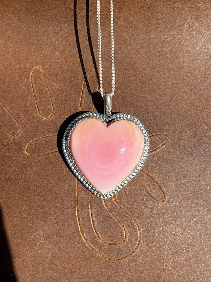 Native American, Hand-Made, Pink Conch & Sterling Silver Heart Necklace
