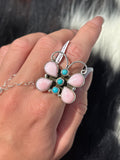 Native American, Hand-Made, Pink Conch, Turquoise & Sterling Silver Butterfly Ring