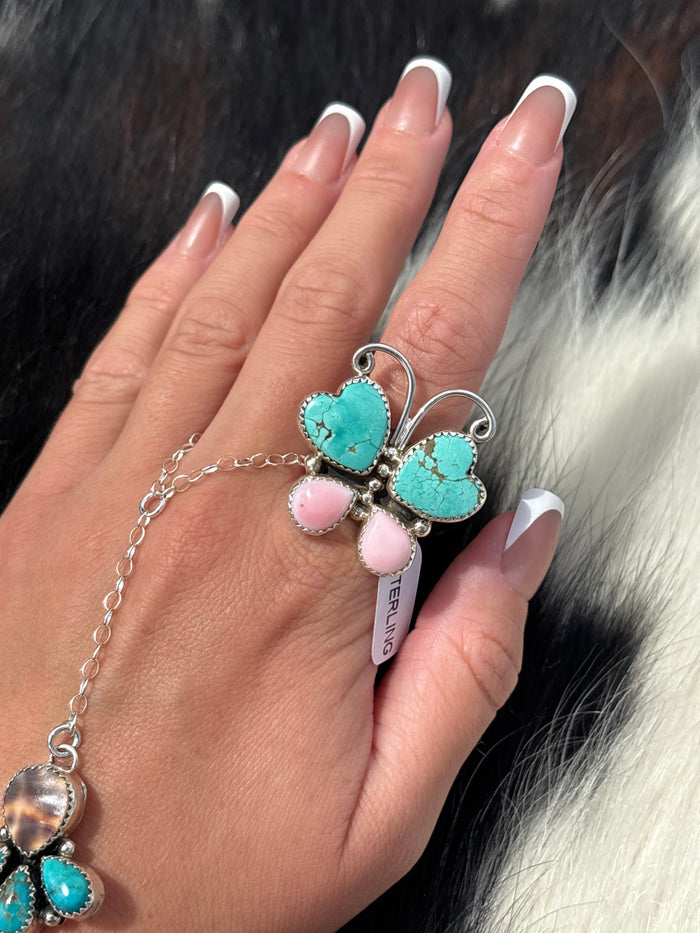 Native American, Hand-Made, Pink Conch, Turquoise & Sterling Silver Butterfly Ring
