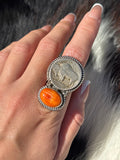 Native American, Hand-Made, Spiny Oyster, Buffalo Nickel & Sterling Silver Ring