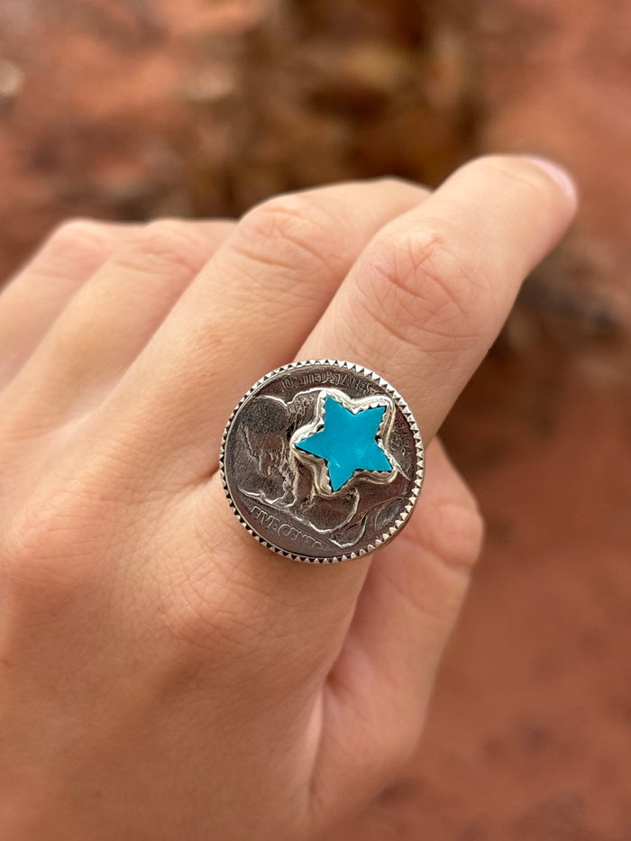 Native American, Hand-Made, Turquoise, Buffalo Nickel & Sterling Silver Ring