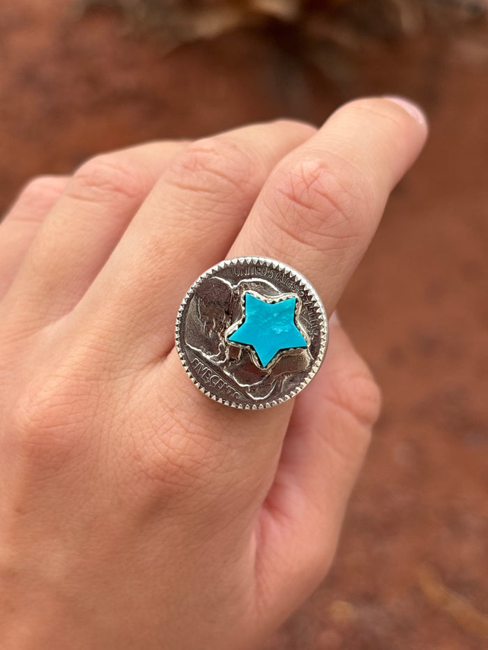 Native American, Hand-Made, Turquoise, Buffalo Nickel & Sterling Silver Ring