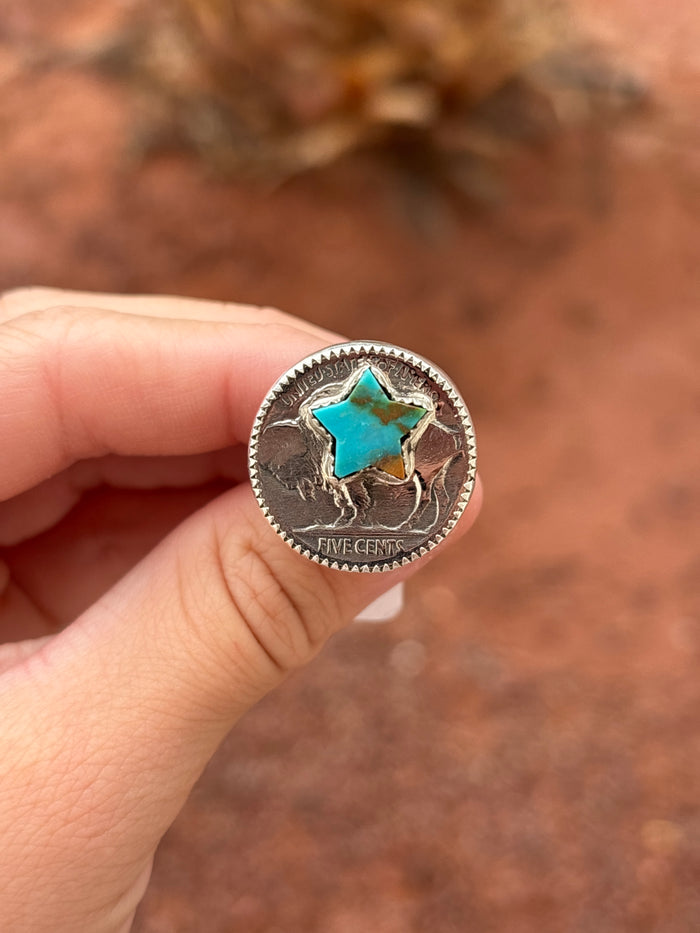 Native American, Hand-Made, Turquoise, Buffalo Nickel & Sterling Silver Ring