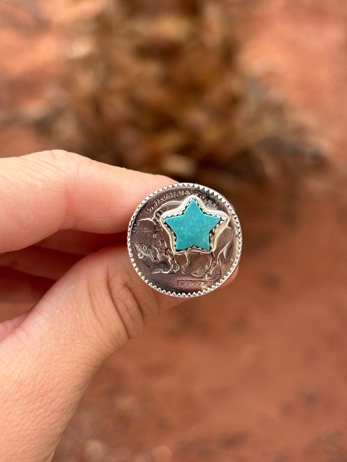 Native American, Hand-Made, Turquoise, Buffalo Nickel & Sterling Silver Ring