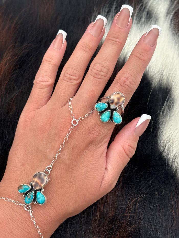 Native American, Hand-Made, Turquoise, Cowrie & Sterling Silver  Ring