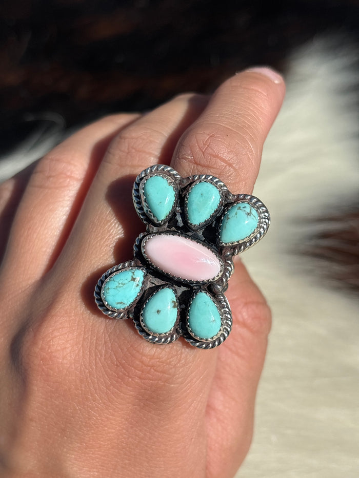 Native American, Hand-Made, Turquoise, Pink Conch & Sterling Silver Ring
