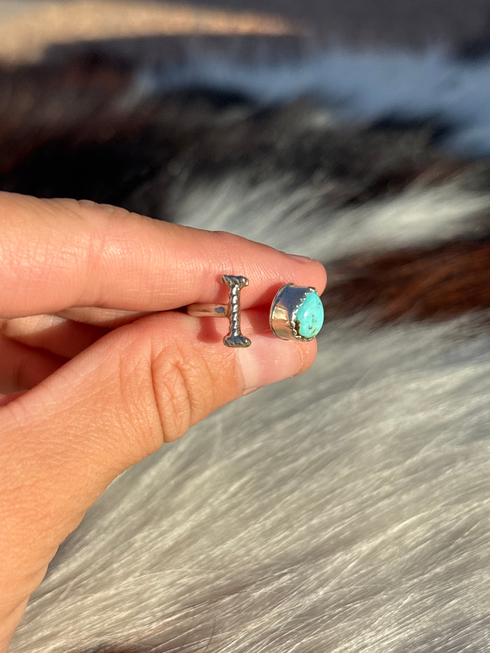 Native American, Hand-Made, Turquoise & Sterling Silver Adjustable Initial Ring