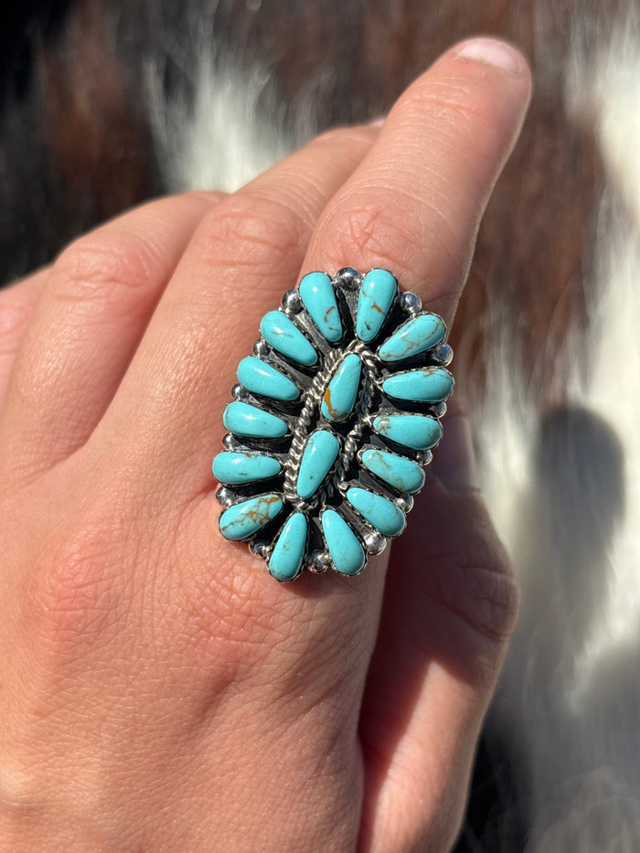 Native American, Hand-Made, Turquoise & Sterling Silver Cluster Ring