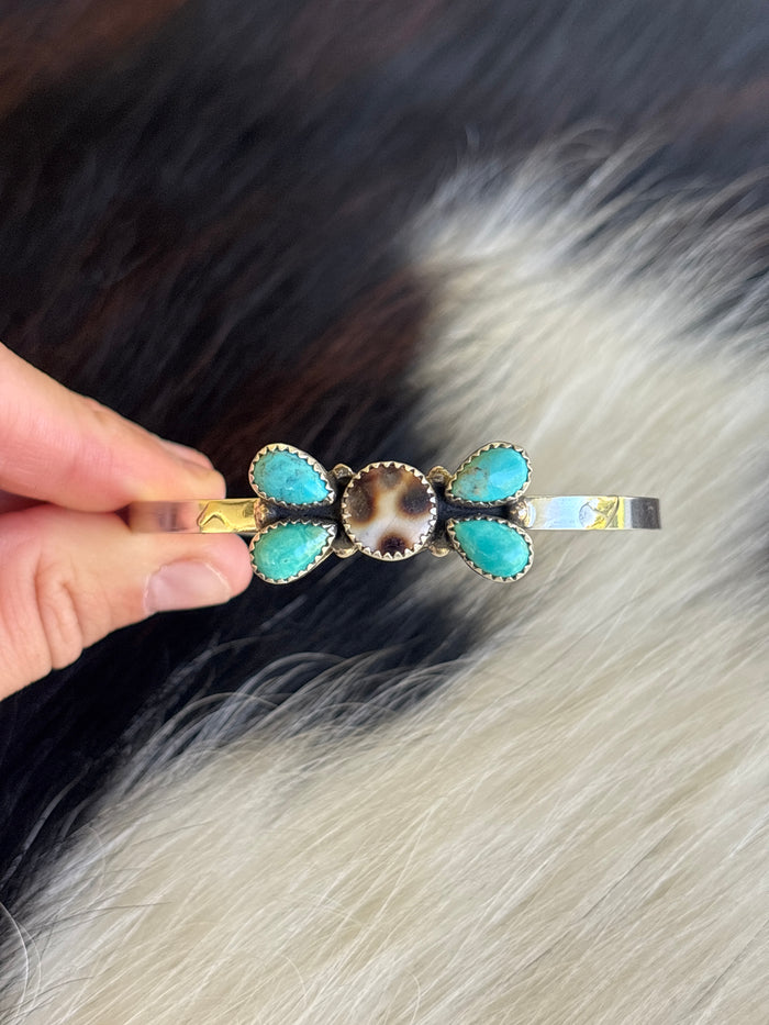 Native American, Handmade, Cowrie, Turquoise & Sterling Silver Cuff