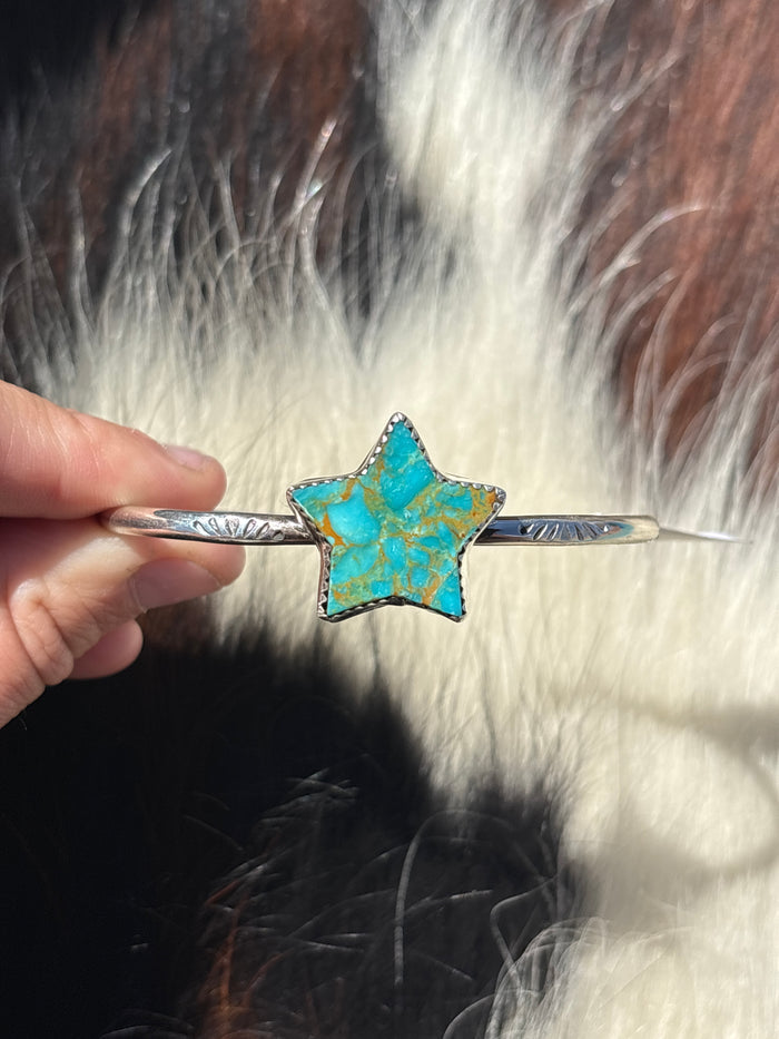 Native American, Handmade, Turquoise & Sterling Silver Star Cuff