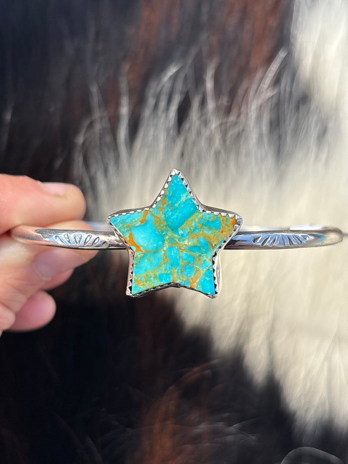 Native American, Handmade, Turquoise & Sterling Silver Star Cuff