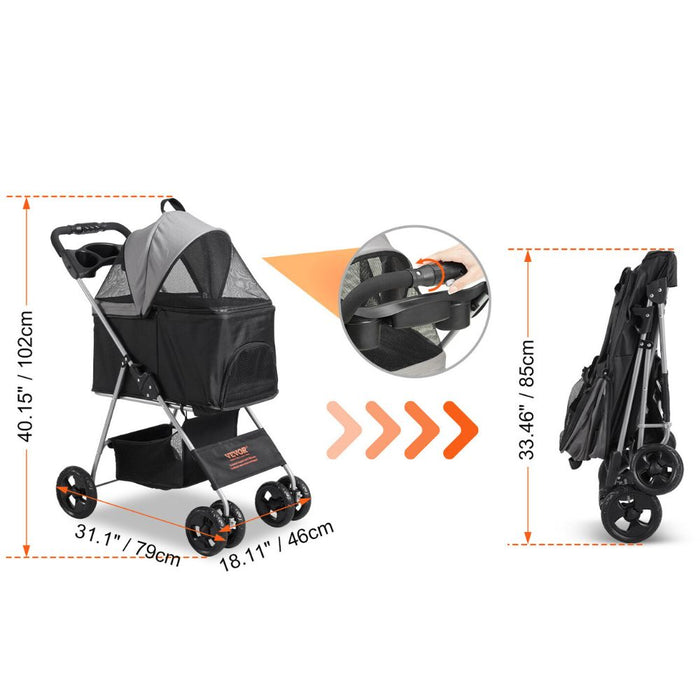 Pet Stroller with Brakes Storage Basket and Cup Holder