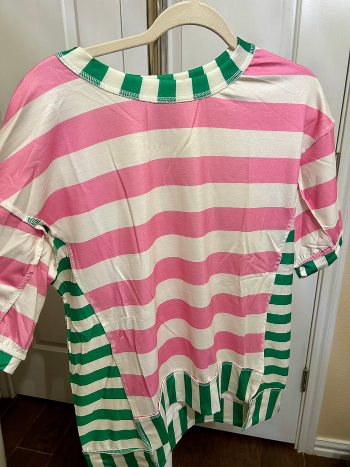 Pink and Green Striped Patchwork Top