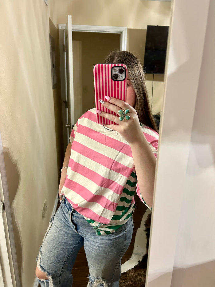 Pink and Green Striped Patchwork Top