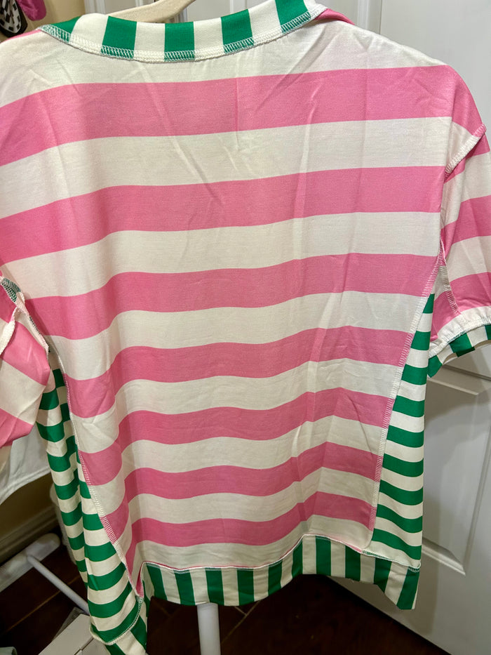 Pink and Green Striped Patchwork Top