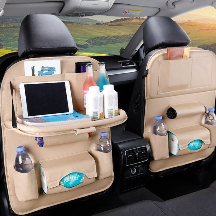 PU Leather Foldable Car Seat Organizer with Table Tray and Pockets