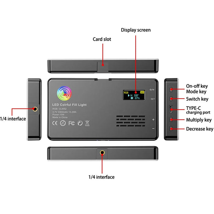RGB LED Video Light Photography Fill Camera Lighting Panel- USB Rechargeable