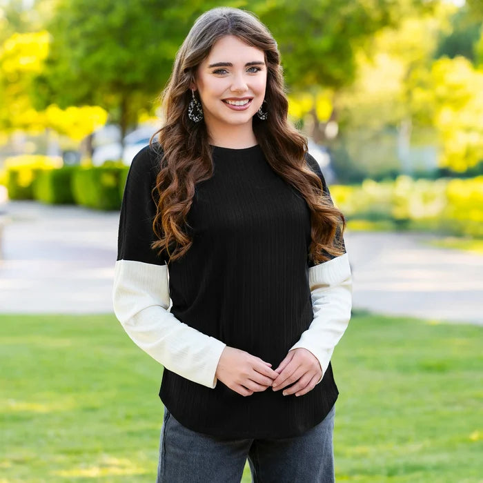Ribbed Color Block Long Sleeve Top - Black