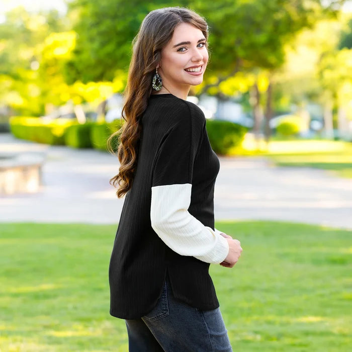 Ribbed Color Block Long Sleeve Top - Black