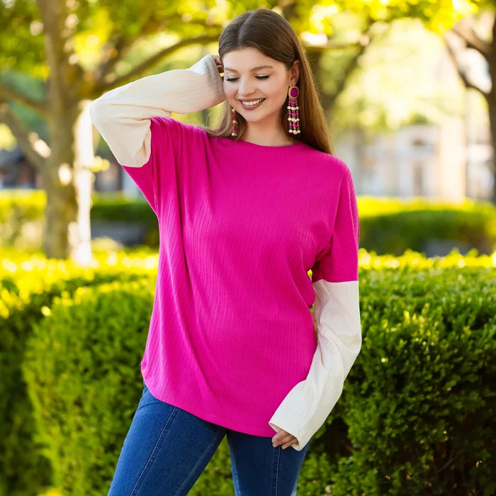 Ribbed Color Block Long Sleeve Top - Hot Pink