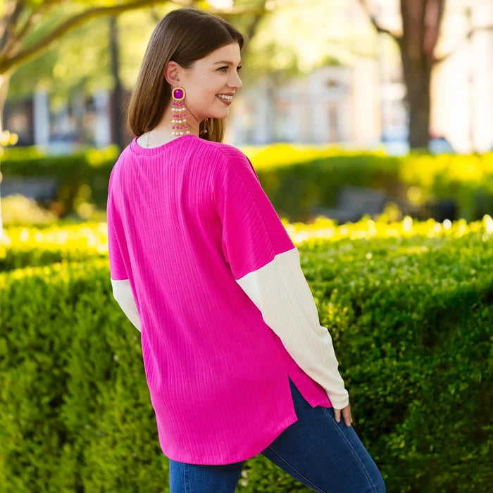 Ribbed Color Block Long Sleeve Top - Hot Pink