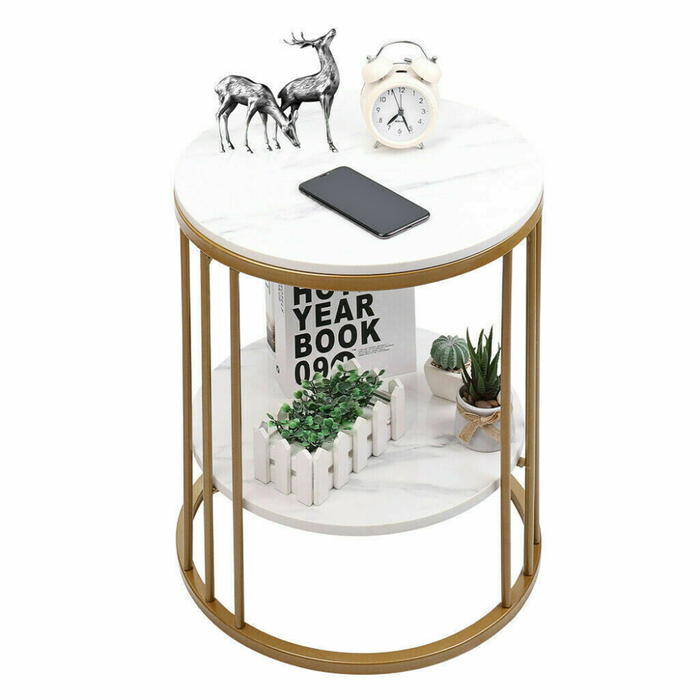 Round Marble Accent Table End 2 Tiers Storage Table - Gold